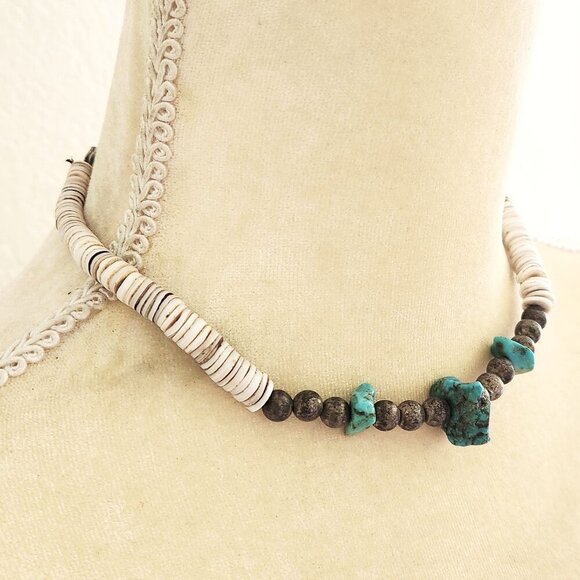 Vintage Native American Turquoise Nugget Heishi Shell Silver Choker Necklace - Picture 1 of 6